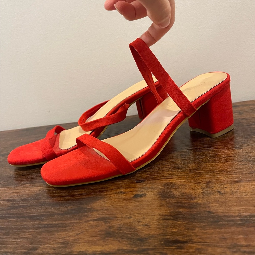 Vivarosa Red Faux Suede Slip On Block Heel Sandals
